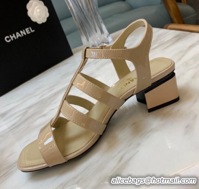 Best Price Chanel Patent Calfskin StrapSandals 4.5cm G38689 Beige