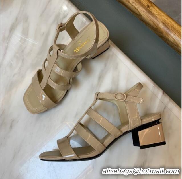 Best Price Chanel Patent Calfskin StrapSandals 4.5cm G38689 Beige