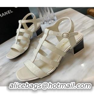 Best Grade Chanel Patent Calfskin StrapSandals 4.5cm G38689 White