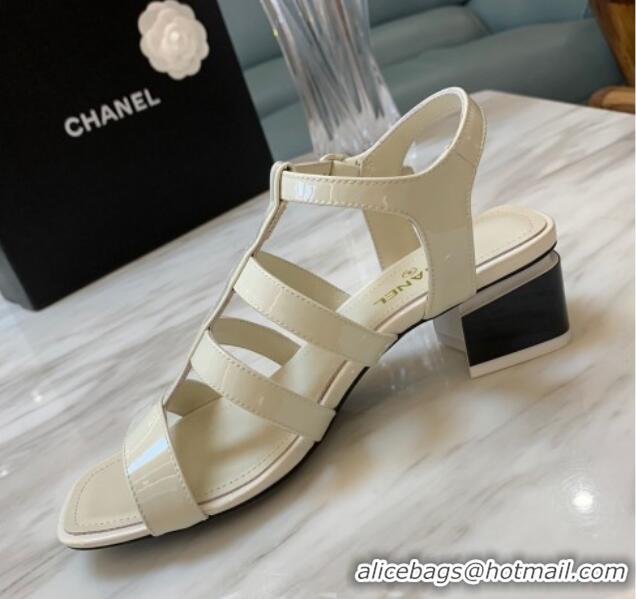 Best Grade Chanel Patent Calfskin StrapSandals 4.5cm G38689 White