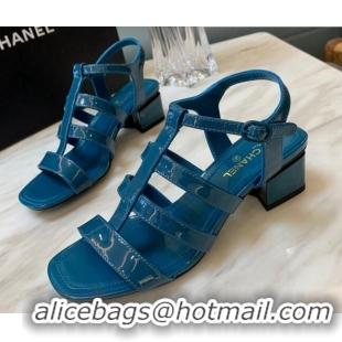 Pretty Style Chanel Patent Calfskin StrapSandals 4.5cm G38689 Peacock Blue