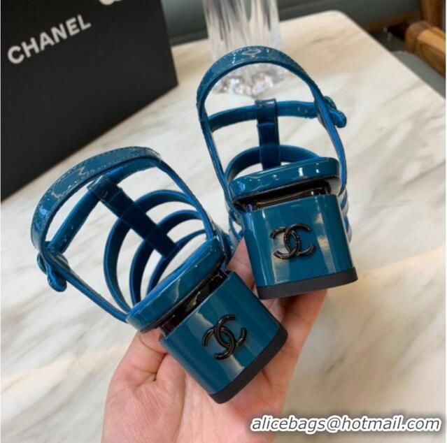 Pretty Style Chanel Patent Calfskin StrapSandals 4.5cm G38689 Peacock Blue