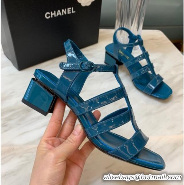 Pretty Style Chanel Patent Calfskin StrapSandals 4.5cm G38689 Peacock Blue