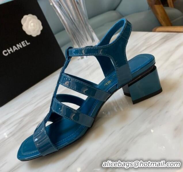 Pretty Style Chanel Patent Calfskin StrapSandals 4.5cm G38689 Peacock Blue