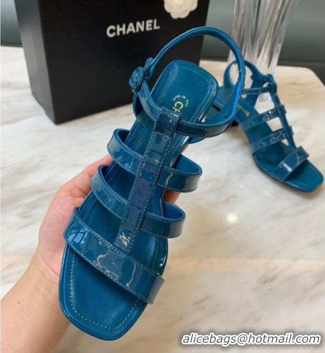 Pretty Style Chanel Patent Calfskin StrapSandals 4.5cm G38689 Peacock Blue