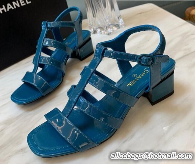 Pretty Style Chanel Patent Calfskin StrapSandals 4.5cm G38689 Peacock Blue