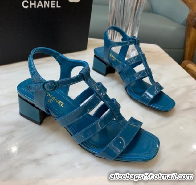 Pretty Style Chanel Patent Calfskin StrapSandals 4.5cm G38689 Peacock Blue