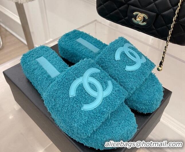 Chanel Towel Platform Slide Sandals Peacock Blue 062099