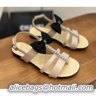 Classic Hot Chanel Crystal Bow Flat Sandals Nude 0620103