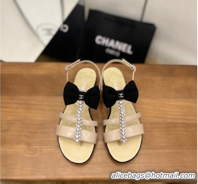 Classic Hot Chanel Crystal Bow Flat Sandals Nude 0620103