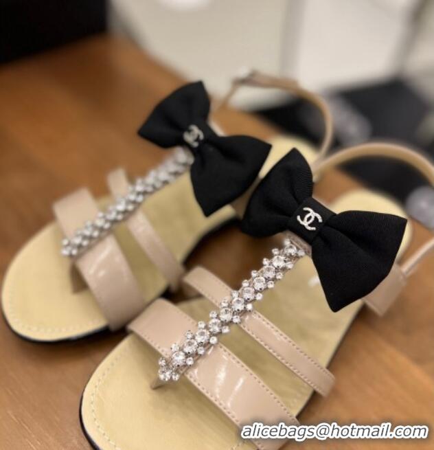 Classic Hot Chanel Crystal Bow Flat Sandals Nude 0620103