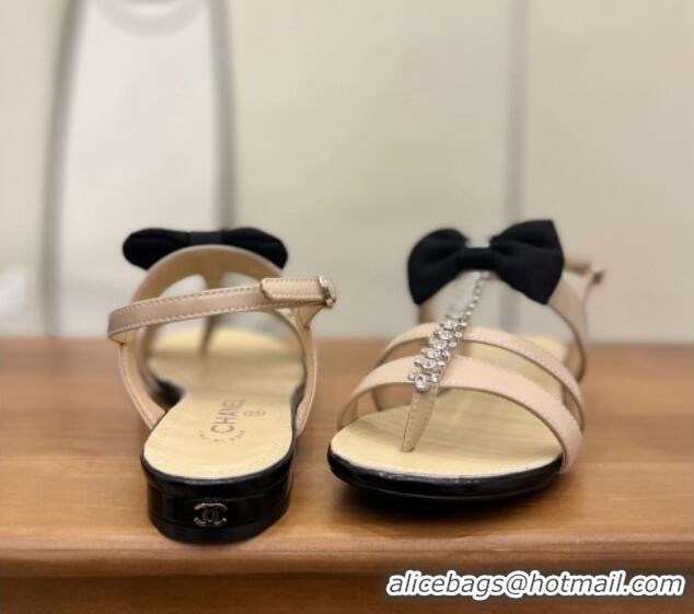 Classic Hot Chanel Crystal Bow Flat Sandals Nude 0620103