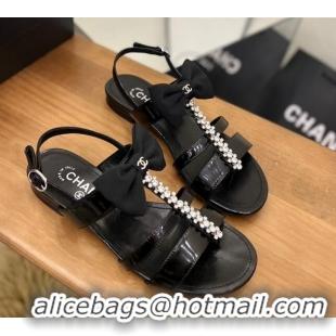 Charming Chanel Crystal Bow Flat Sandals Black 0620104