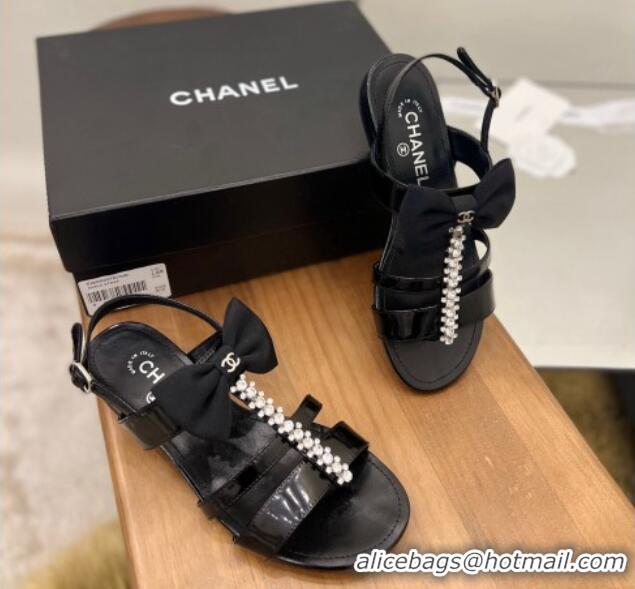 Charming Chanel Crystal Bow Flat Sandals Black 0620104