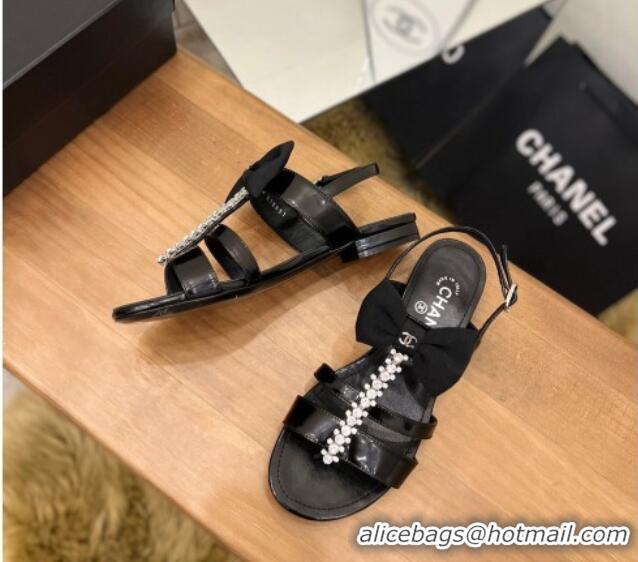 Charming Chanel Crystal Bow Flat Sandals Black 0620104