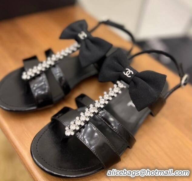 Charming Chanel Crystal Bow Flat Sandals Black 0620104