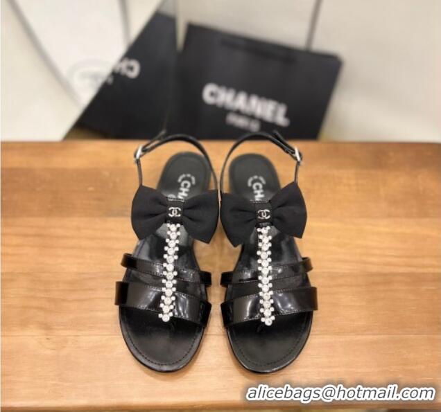 Charming Chanel Crystal Bow Flat Sandals Black 0620104