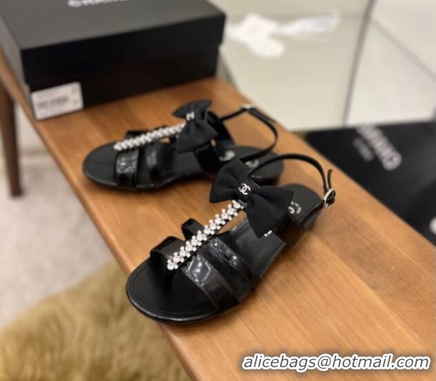 Charming Chanel Crystal Bow Flat Sandals Black 0620104