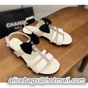 Good Quality Chanel Crystal Bow Flat Sandals White 0620105