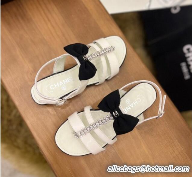 Good Quality Chanel Crystal Bow Flat Sandals White 0620105