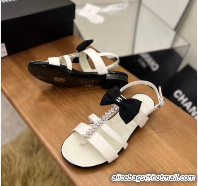 Good Quality Chanel Crystal Bow Flat Sandals White 0620105