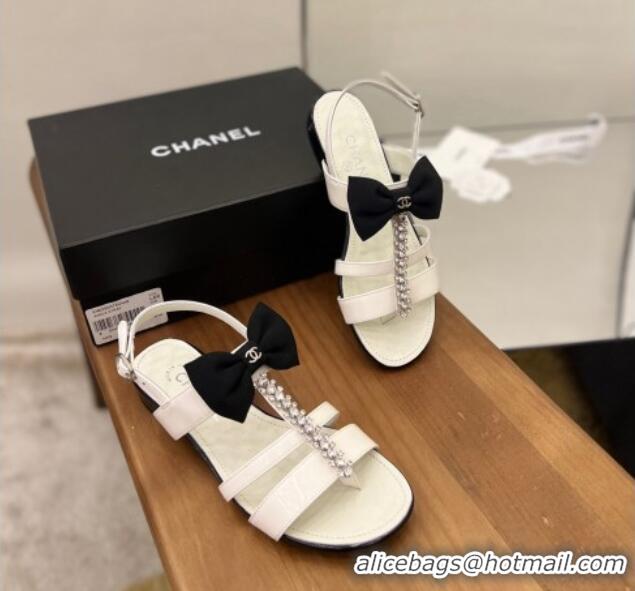 Good Quality Chanel Crystal Bow Flat Sandals White 0620105