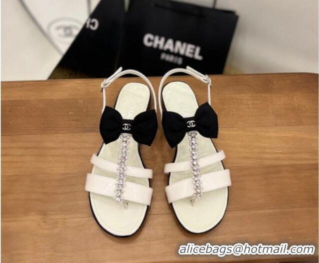 Good Quality Chanel Crystal Bow Flat Sandals White 0620105