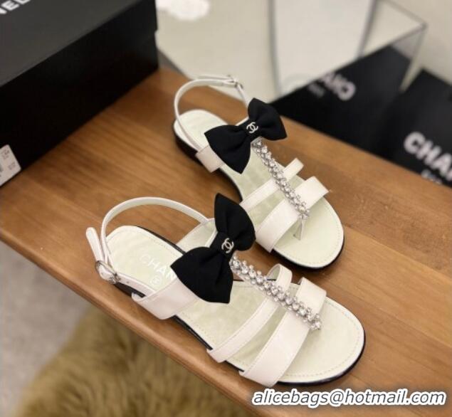 Good Quality Chanel Crystal Bow Flat Sandals White 0620105