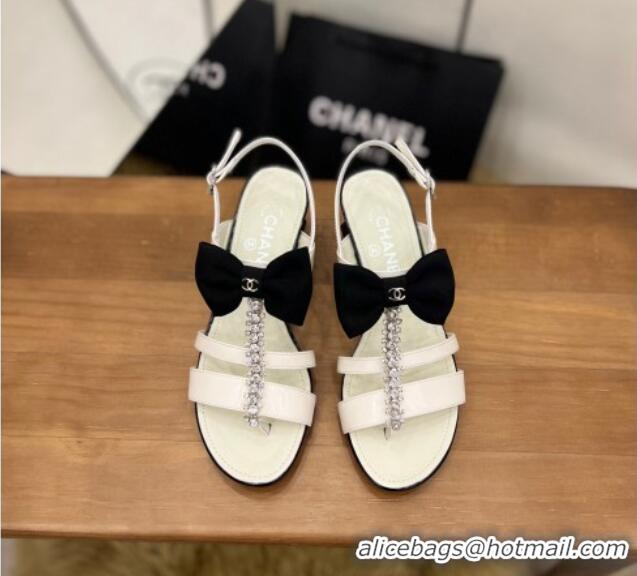 Best Product Chanel Crystal Bow Flat Sandals White 0620108