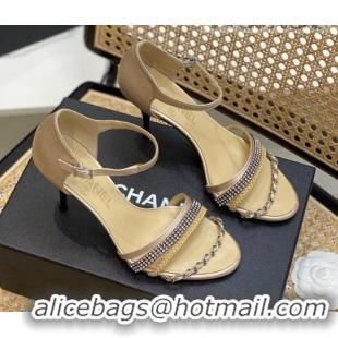 Stylish Chanel Crystal Chain High Heel Sandals 8cm Beige 620110