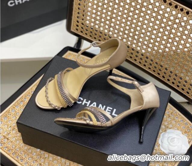 Stylish Chanel Crystal Chain High Heel Sandals 8cm Beige 620110