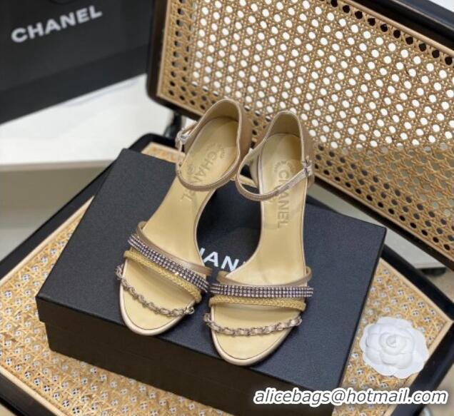 Stylish Chanel Crystal Chain High Heel Sandals 8cm Beige 620110