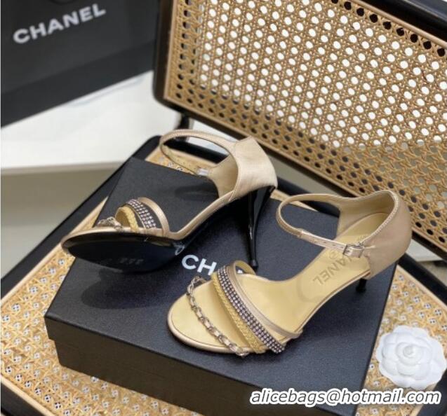 Stylish Chanel Crystal Chain High Heel Sandals 8cm Beige 620110