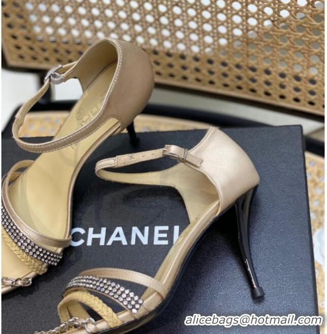 Stylish Chanel Crystal Chain High Heel Sandals 8cm Beige 620110