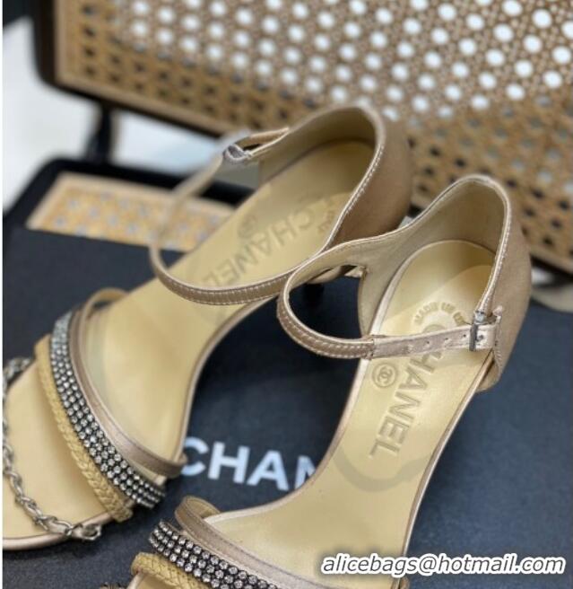 Stylish Chanel Crystal Chain High Heel Sandals 8cm Beige 620110