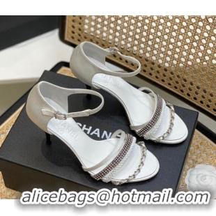 Sumptuous Chanel Crystal Chain High Heel Sandals 8cm White 620111