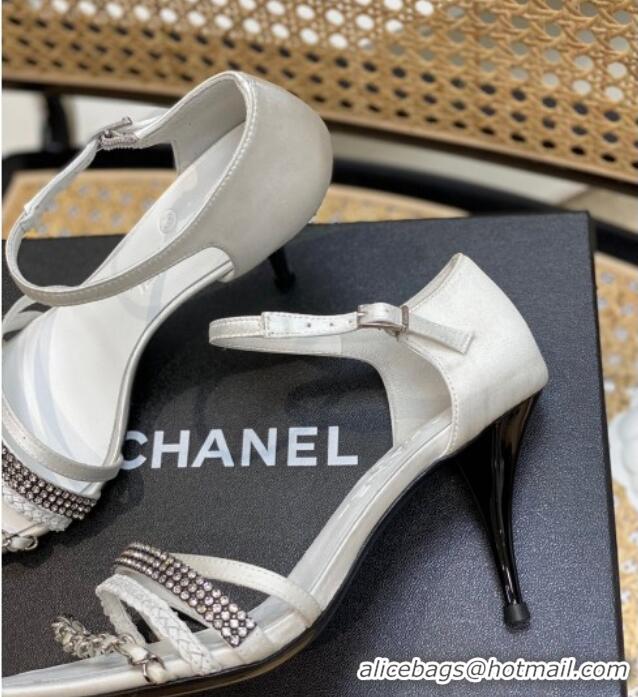 Sumptuous Chanel Crystal Chain High Heel Sandals 8cm White 620111