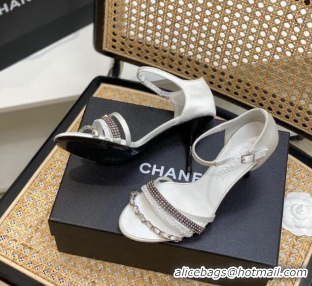 Sumptuous Chanel Crystal Chain High Heel Sandals 8cm White 620111