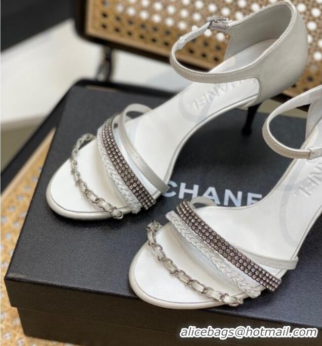 Sumptuous Chanel Crystal Chain High Heel Sandals 8cm White 620111