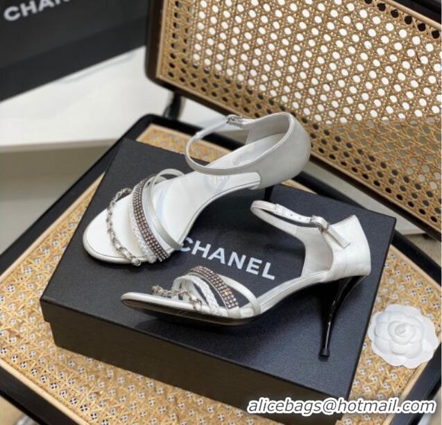 Sumptuous Chanel Crystal Chain High Heel Sandals 8cm White 620111