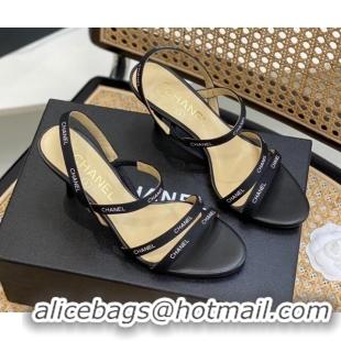 Cheap Price Chanel Logo Strap Canvas High Heel Sandals Black 620112