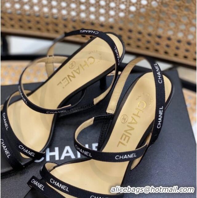 Cheap Price Chanel Logo Strap Canvas High Heel Sandals Black 620112