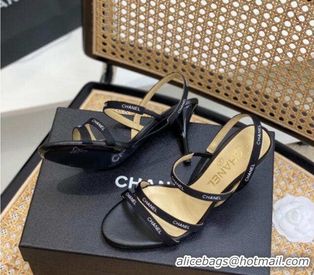 Cheap Price Chanel Logo Strap Canvas High Heel Sandals Black 620112