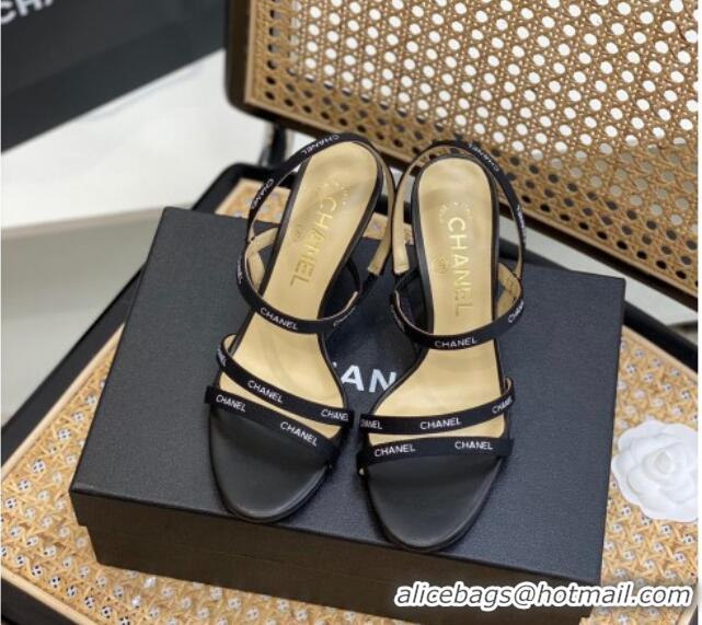 Cheap Price Chanel Logo Strap Canvas High Heel Sandals Black 620112