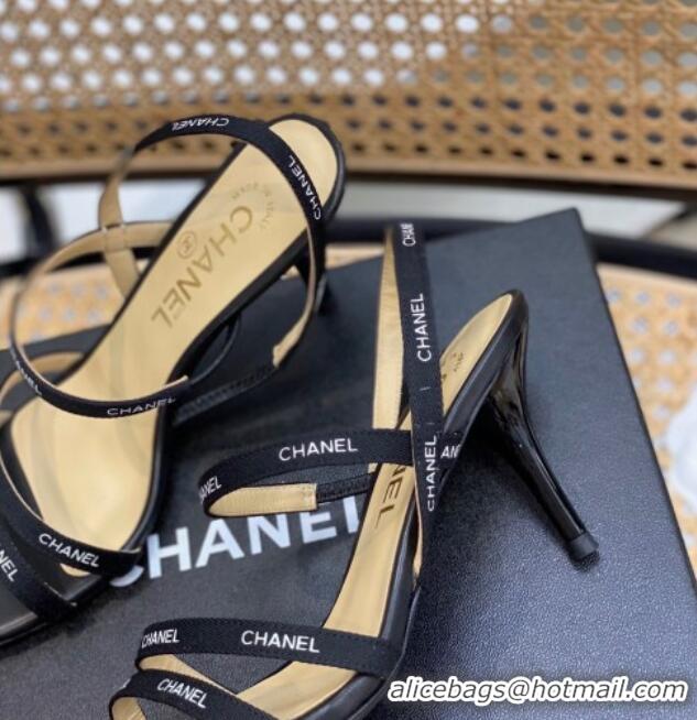 Cheap Price Chanel Logo Strap Canvas High Heel Sandals Black 620112