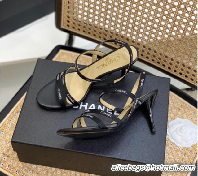 Cheap Price Chanel Logo Strap Canvas High Heel Sandals Black 620112