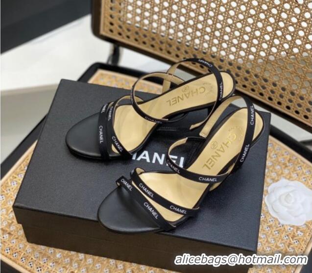 Cheap Price Chanel Logo Strap Canvas High Heel Sandals Black 620112