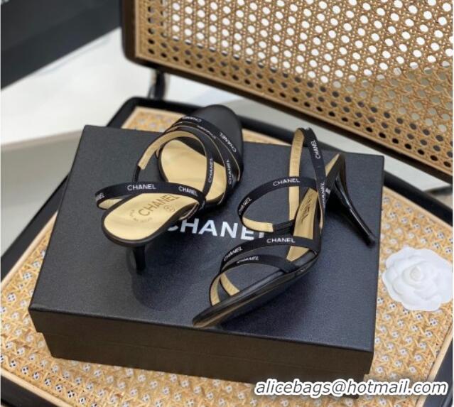 Cheap Price Chanel Logo Strap Canvas High Heel Sandals Black 620112