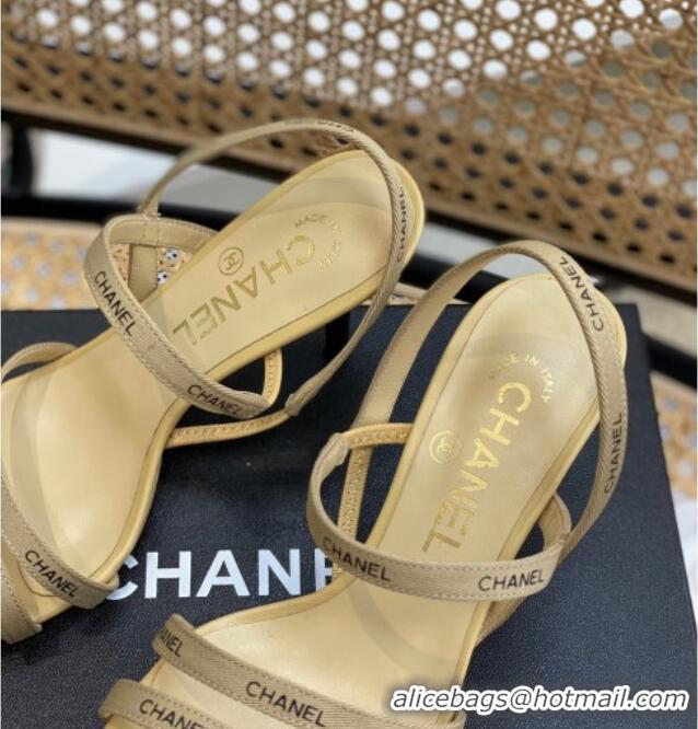 Pretty Style Chanel Logo Strap Canvas High Heel Sandals Beige 620112