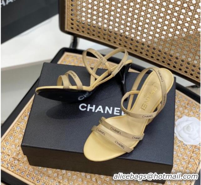 Pretty Style Chanel Logo Strap Canvas High Heel Sandals Beige 620112